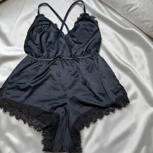 Black Satin Lace Trim Teddy Romper Lingerie One Piece Backless Sleepwear M